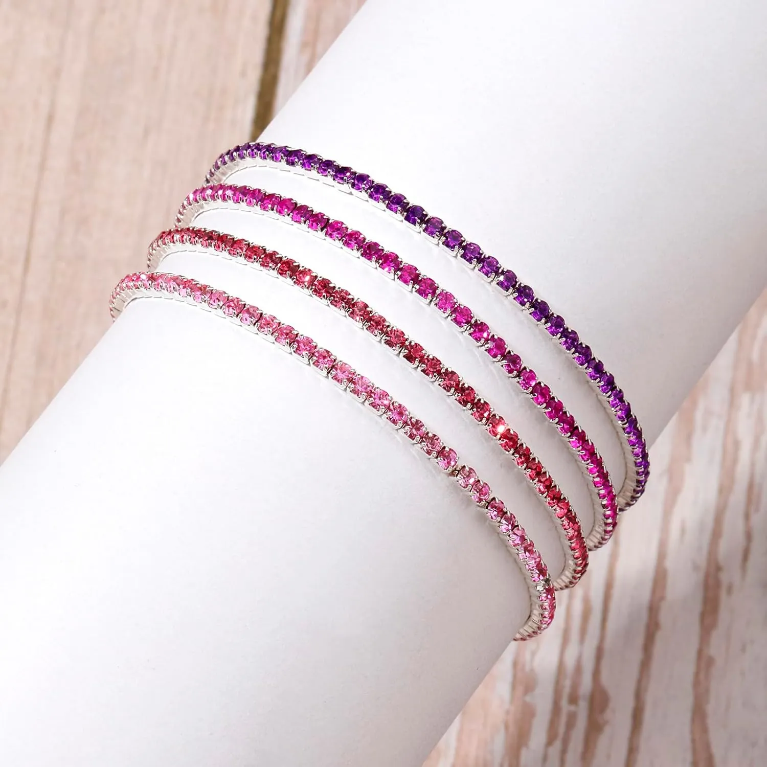 Tennis Bracelets for Women 2MM 4Pcs Dainty 18K White Gold Plated Rhinestone Stretch Bracelet Adjustable Simulated Diamond Tennis Bracelet Set Sparkly Thin Tennis Bracelet for Women