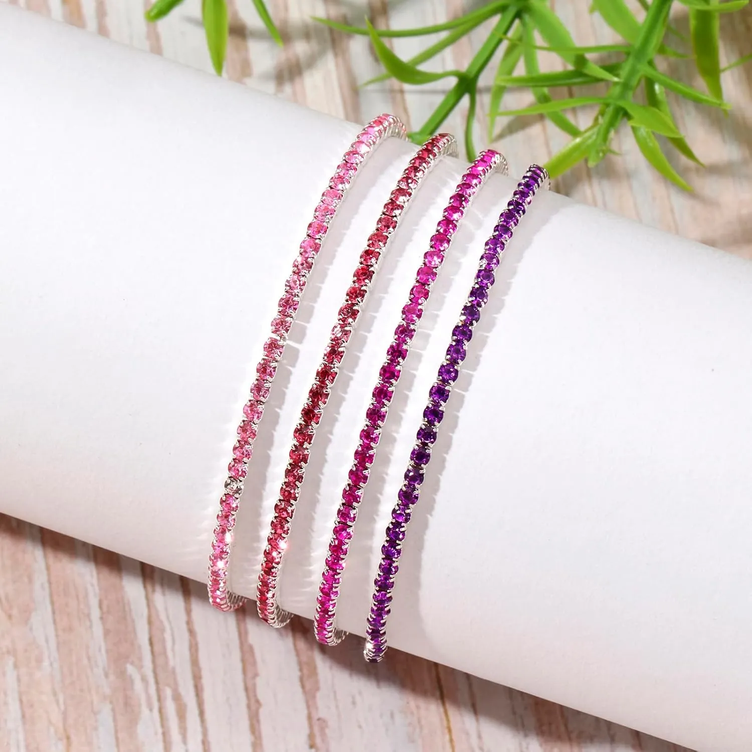 Tennis Bracelets for Women 2MM 4Pcs Dainty 18K White Gold Plated Rhinestone Stretch Bracelet Adjustable Simulated Diamond Tennis Bracelet Set Sparkly Thin Tennis Bracelet for Women