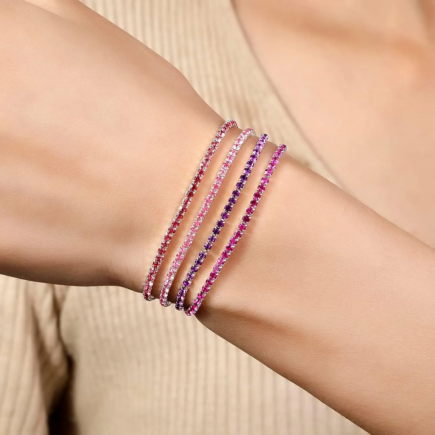 Tennis Bracelets for Women 2MM 4Pcs Dainty 18K White Gold Plated Rhinestone Stretch Bracelet Adjustable Simulated Diamond Tennis Bracelet Set Sparkly Thin Tennis Bracelet for Women