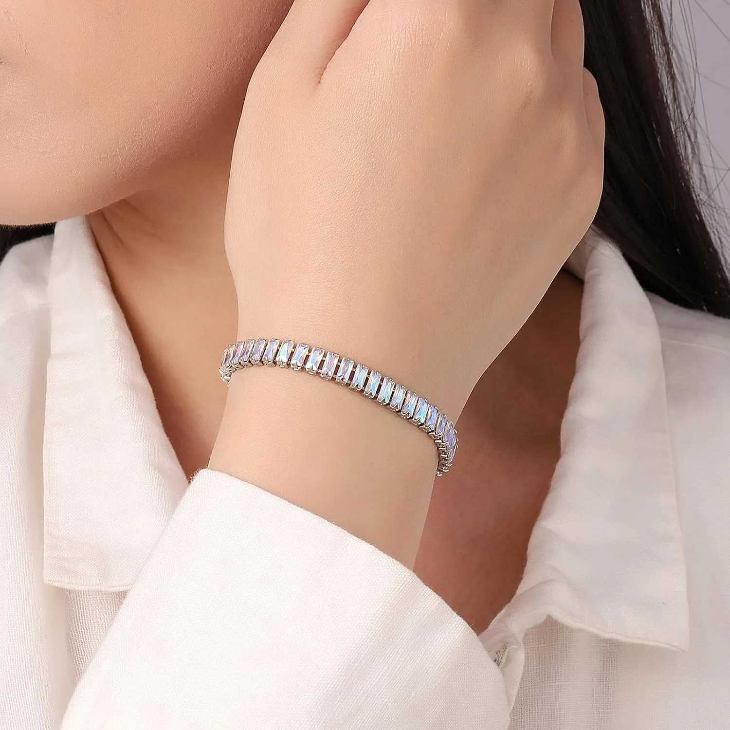 Tennis Bracelets for Women Trendy 14K White Gold Plated Birthstone Tennis Bracelet Sparkly Cubic Zirconia Bracelet Diamond Bracelet Mothers Day Gifts Birthstone Jewelry for Women