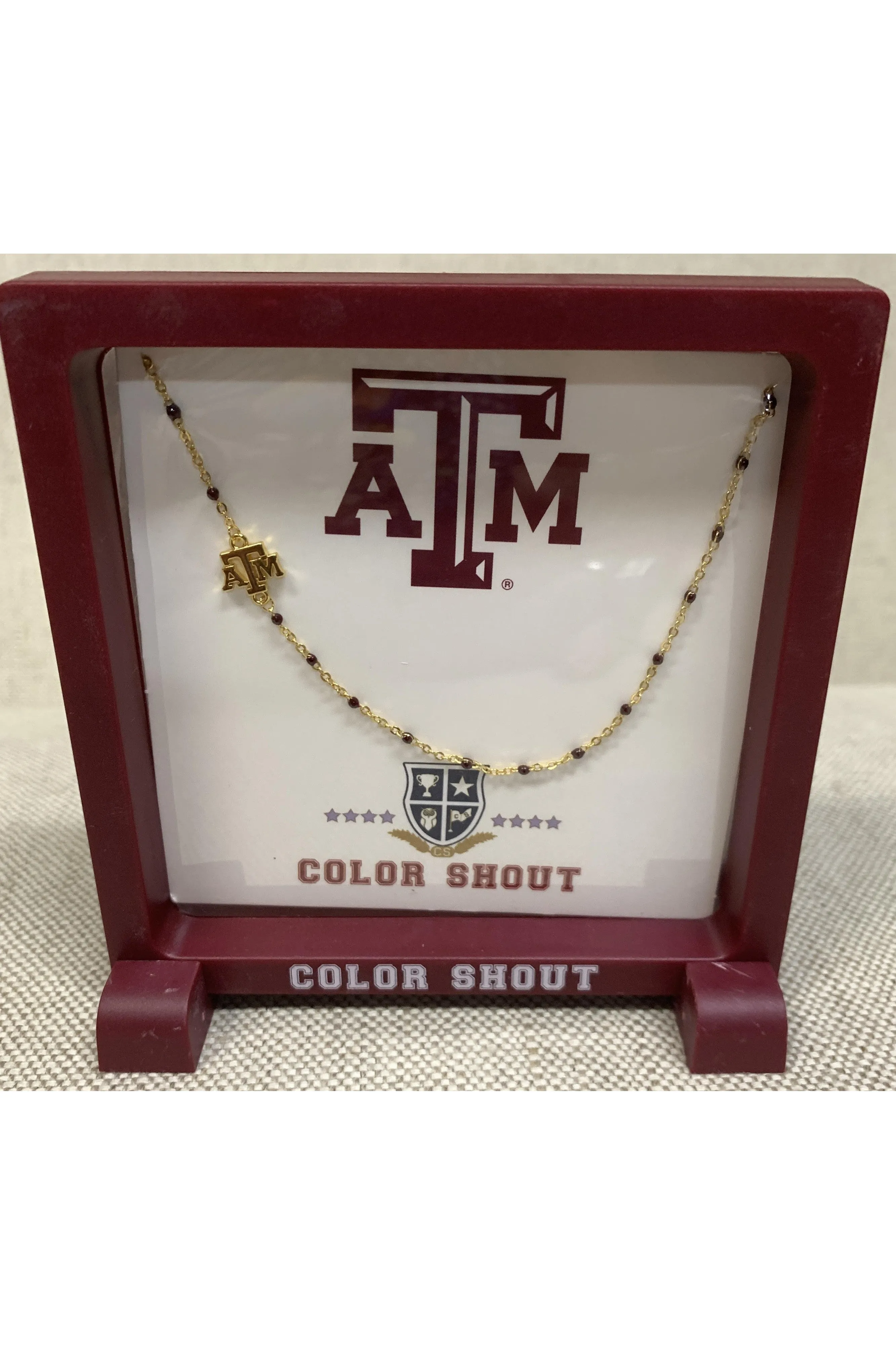 Texas A&M College Side Set On Maroon Enamel Bead Necklace