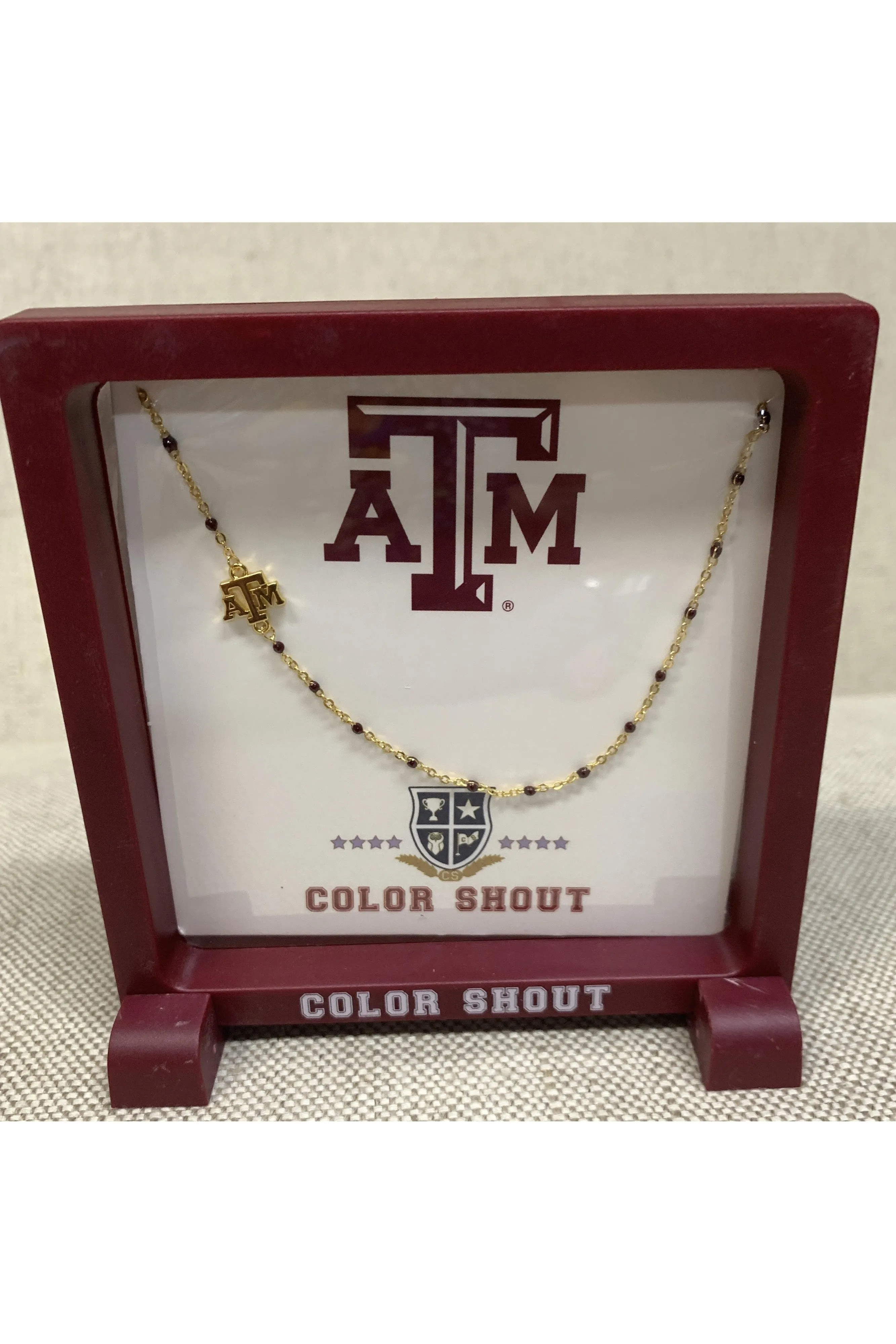 Texas A&M College Side Set On Maroon Enamel Bead Necklace