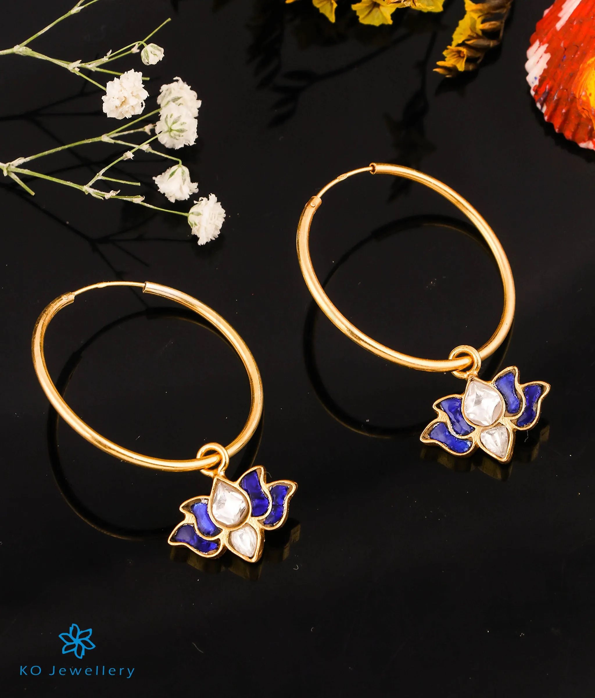The Blue Lotus Silver Kundan Hoops