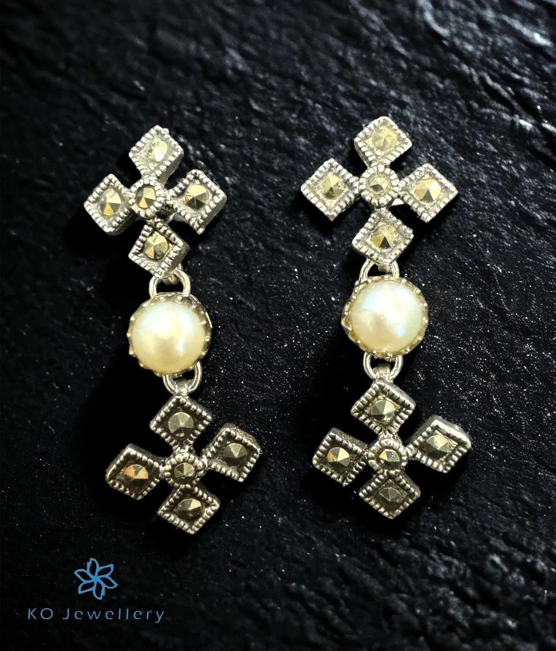 The Marian Silver Pearl Marcasite Necklace & Earrings