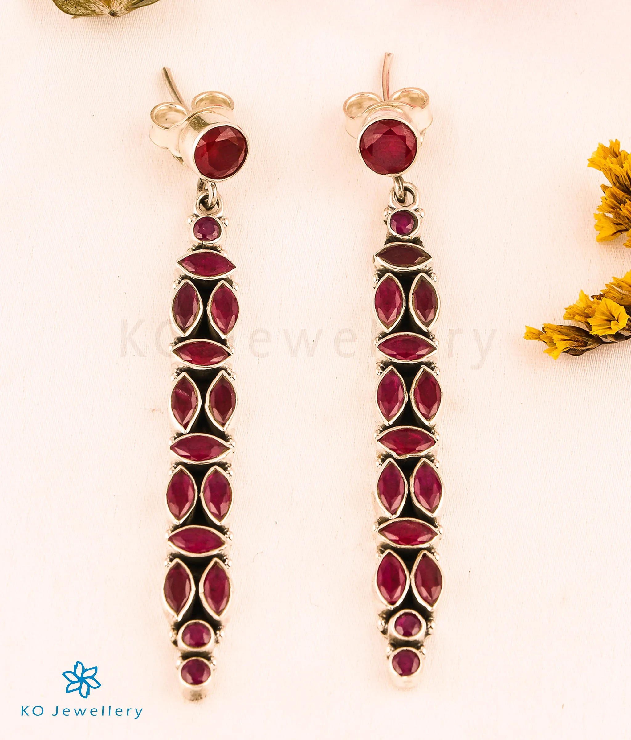 The Vrishti Silver Gemstone Earrings (Red)