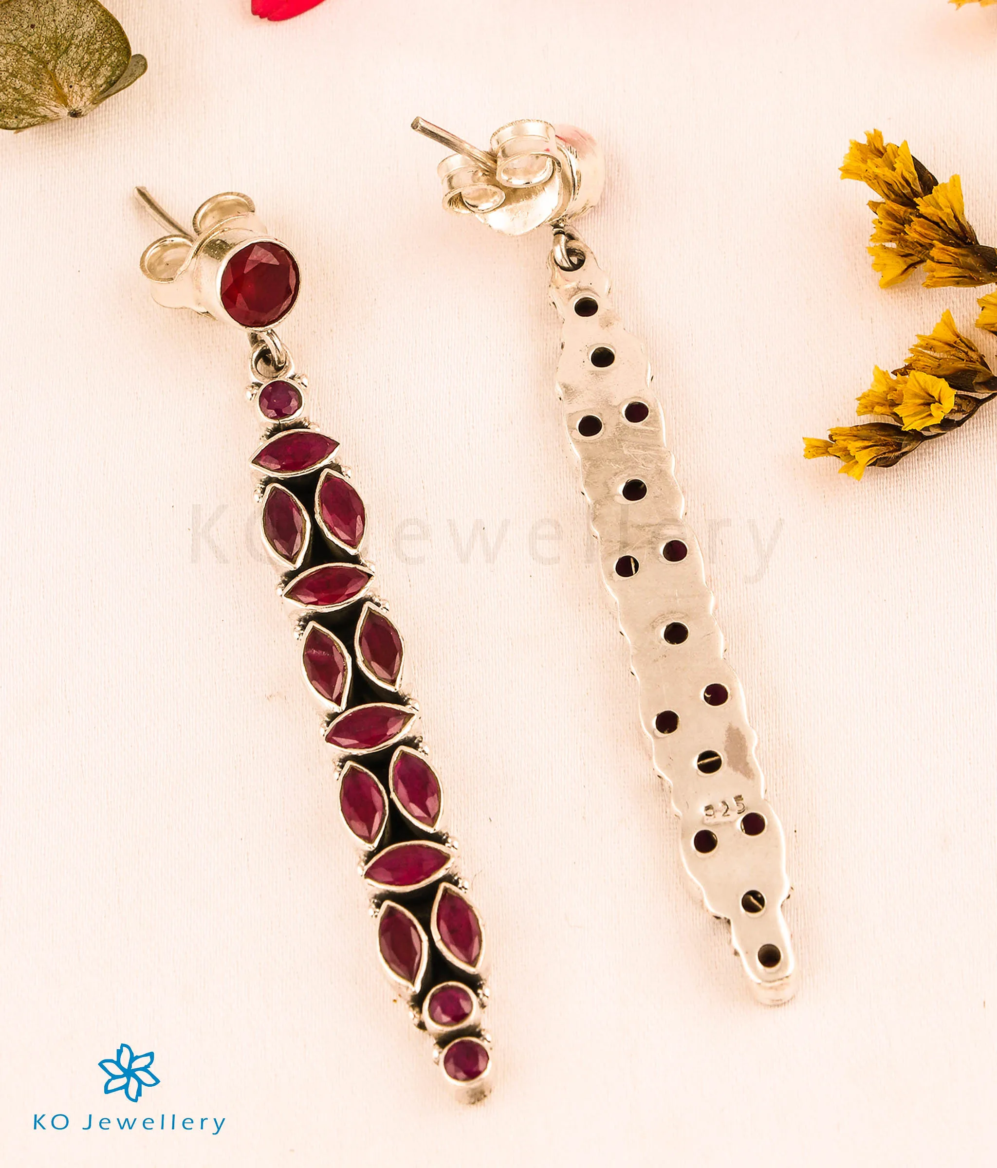 The Vrishti Silver Gemstone Earrings (Red)