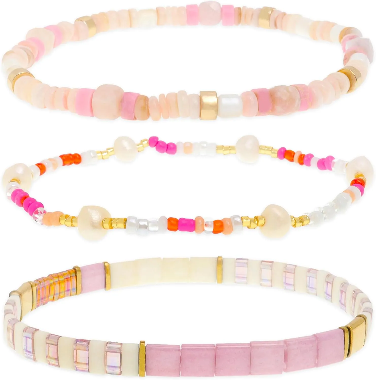 Tila Flat Pearl Seed Beads Stack Bracelets Set for Women, Boho Handmade Miyuki Glass Colorful Beads Friendship Stretch Bracelet Holiday Prom Jewelry Gift.