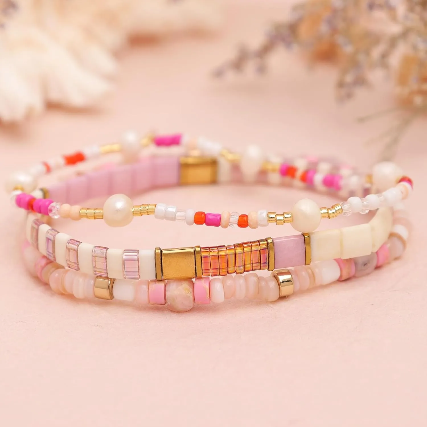 Tila Flat Pearl Seed Beads Stack Bracelets Set for Women, Boho Handmade Miyuki Glass Colorful Beads Friendship Stretch Bracelet Holiday Prom Jewelry Gift.