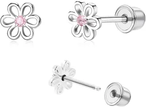 Toddler Earrings Push-in Threadless Flat Back Earrings for Girls Women Hypoallergenic Titanium Cartilage Earring for Sensitive Ears Cute Pearl Pink Heart Flower Star Cubic Zirconia Studs Earrings Set