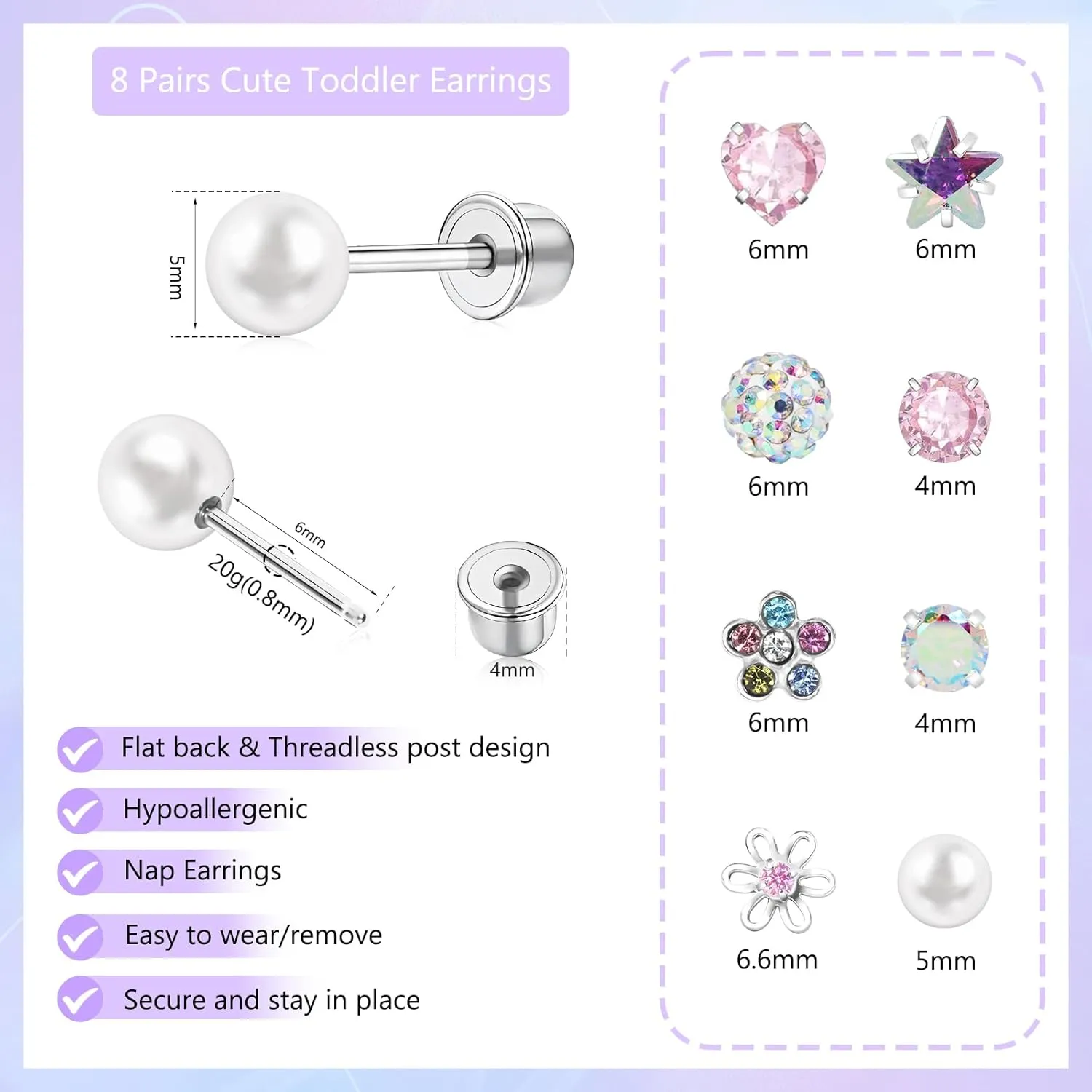 Toddler Earrings Push-in Threadless Flat Back Earrings for Girls Women Hypoallergenic Titanium Cartilage Earring for Sensitive Ears Cute Pearl Pink Heart Flower Star Cubic Zirconia Studs Earrings Set