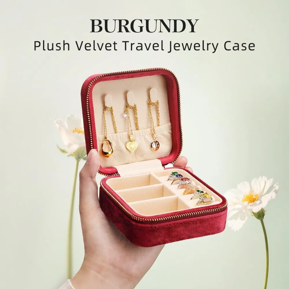Travel Jewelry Case, Small Plush Velvet Jewelry Box for Women and Girls, Portable Jewelry holder organizer for Rings Earrings Necklaces Bracelets(Burgundy)