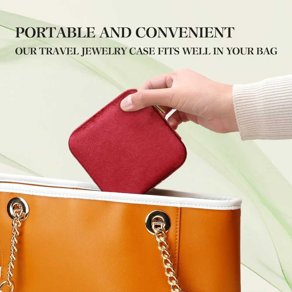 Travel Jewelry Case, Small Plush Velvet Jewelry Box for Women and Girls, Portable Jewelry holder organizer for Rings Earrings Necklaces Bracelets(Burgundy)