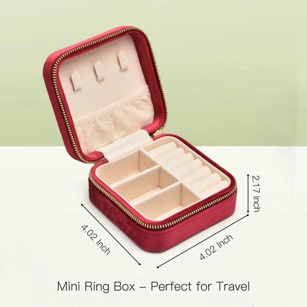Travel Jewelry Case, Small Plush Velvet Jewelry Box for Women and Girls, Portable Jewelry holder organizer for Rings Earrings Necklaces Bracelets(Burgundy)