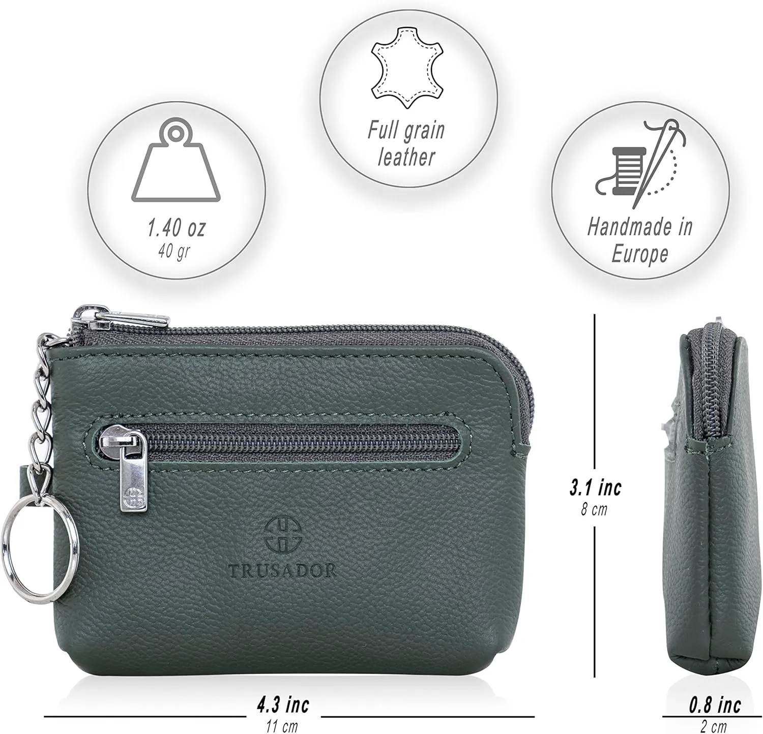 Trusador Milano Unisex Leather Front Pocket Wallet Coin Purse Zipper Pouch with Keychain (Green)