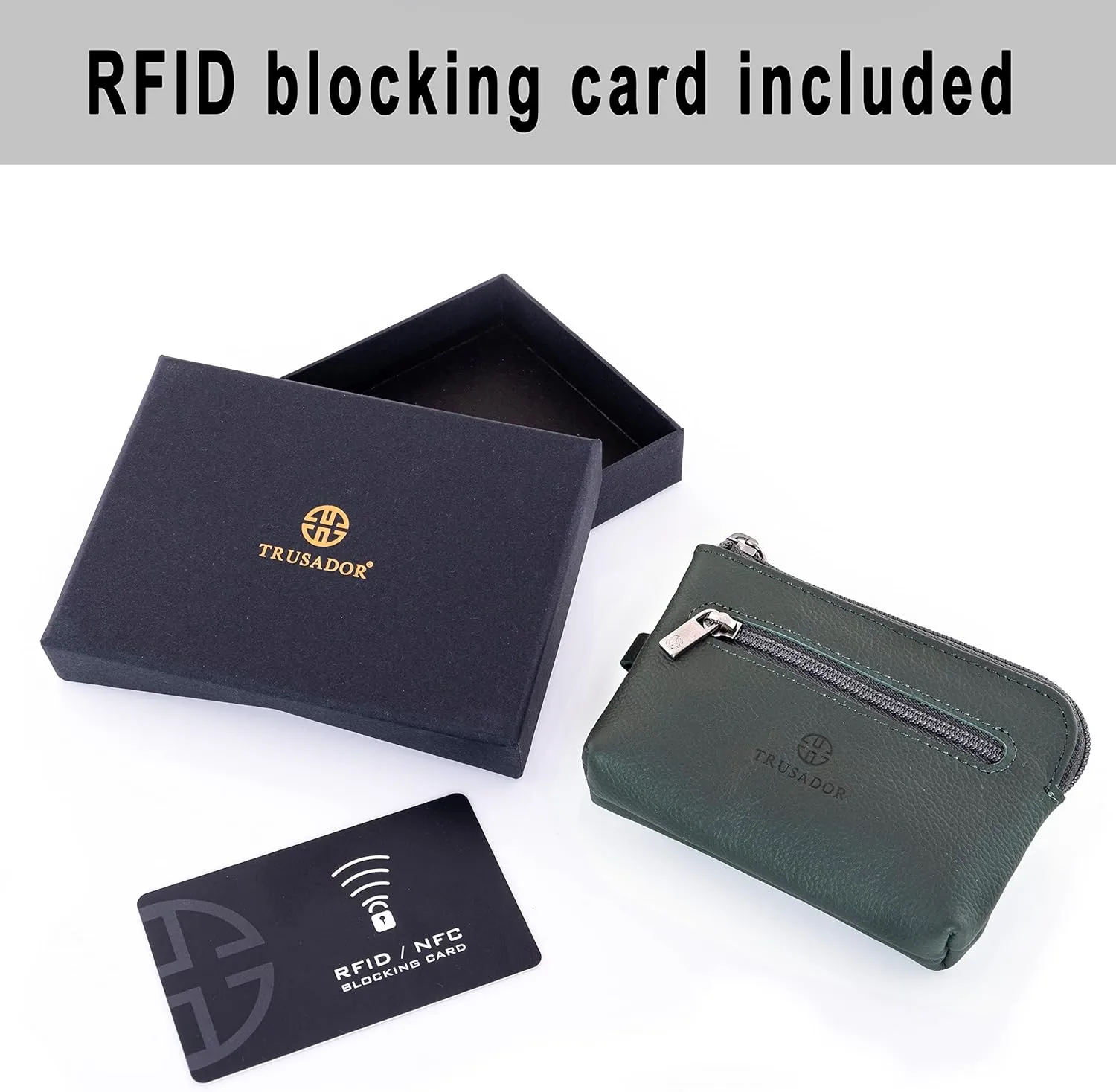 Trusador Milano Unisex Leather Front Pocket Wallet Coin Purse Zipper Pouch with Keychain (Green)