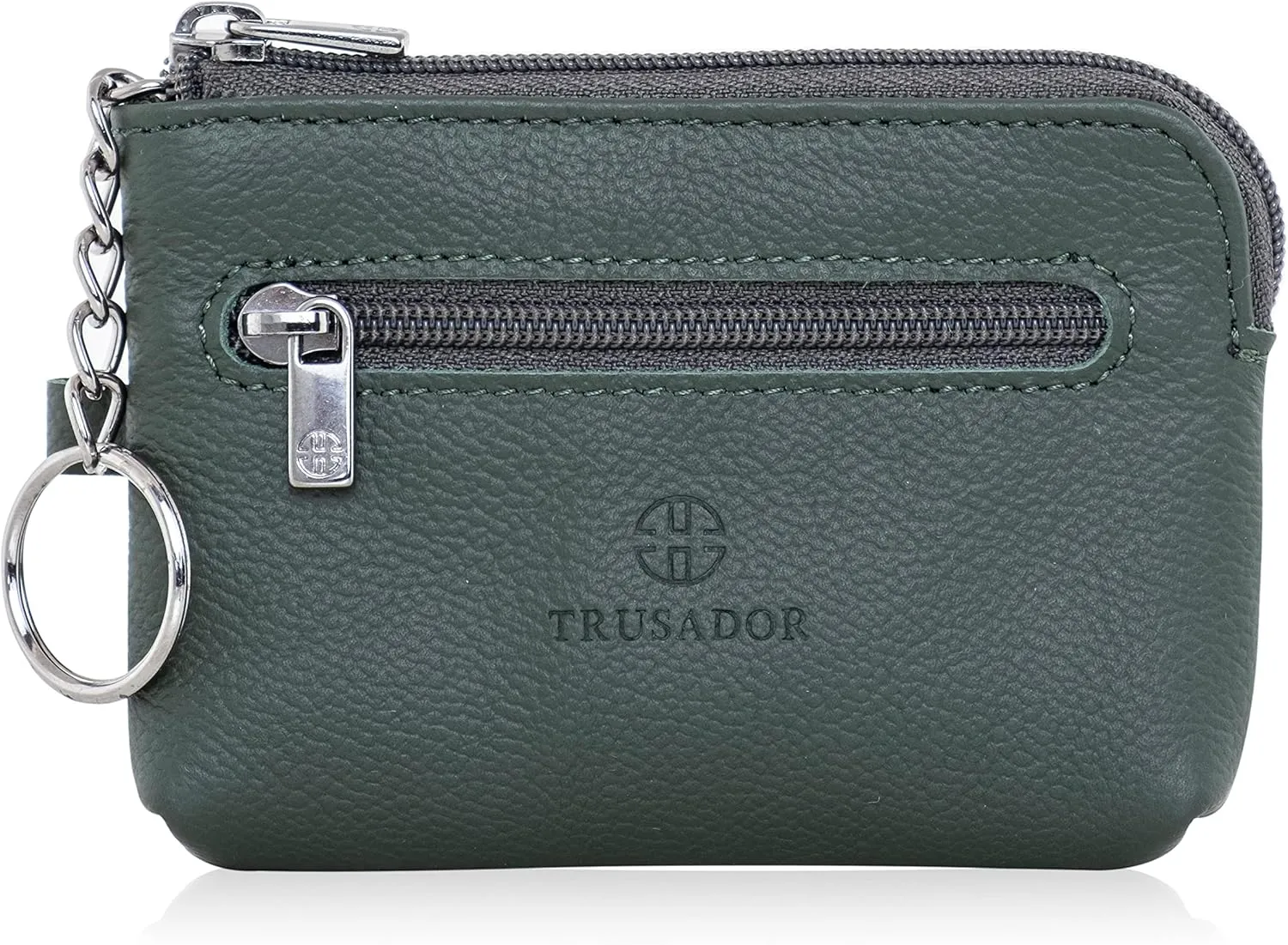 Trusador Milano Unisex Leather Front Pocket Wallet Coin Purse Zipper Pouch with Keychain (Green)