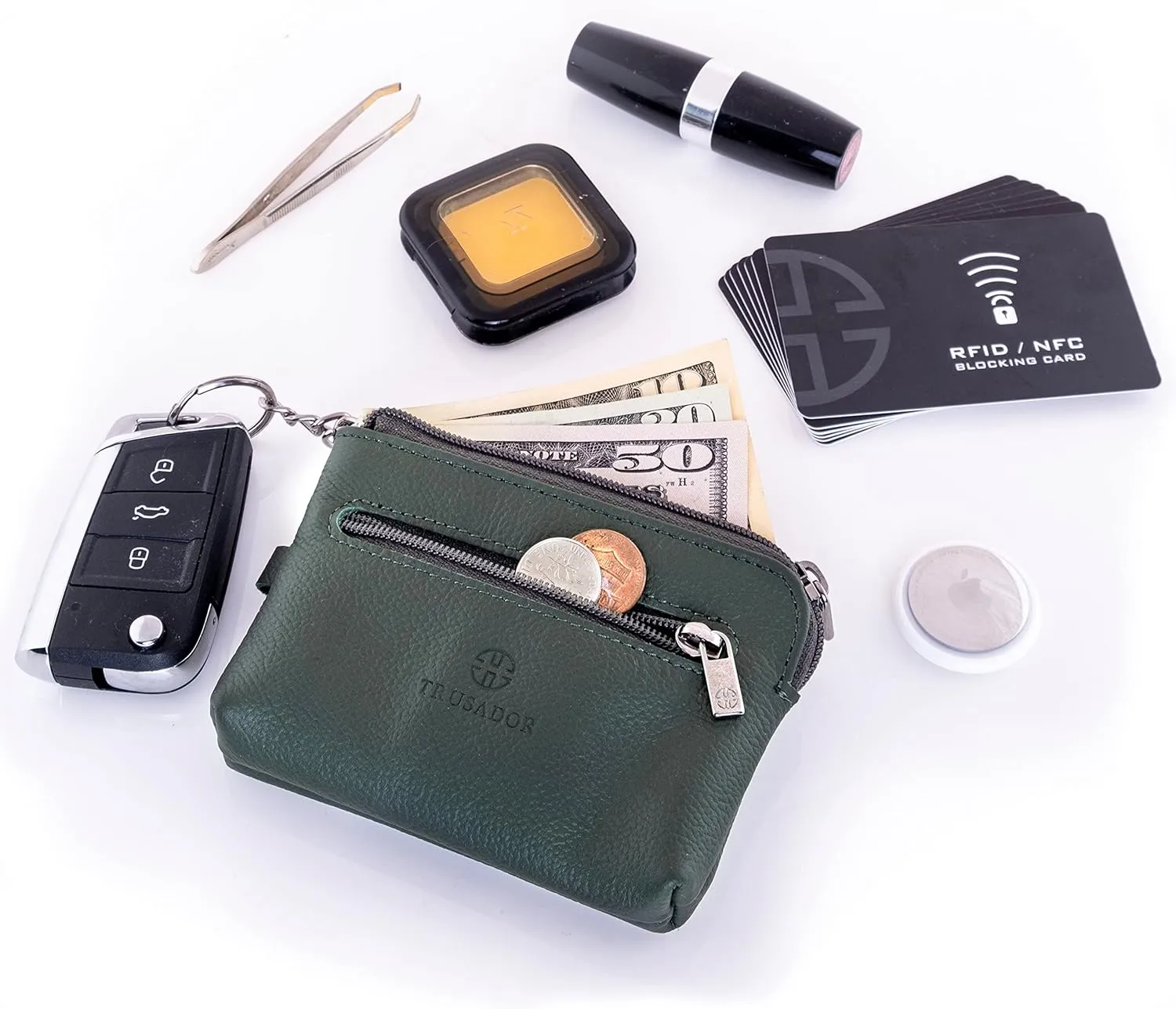 Trusador Milano Unisex Leather Front Pocket Wallet Coin Purse Zipper Pouch with Keychain (Green)