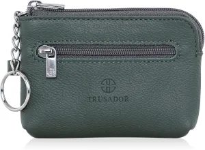 Trusador Milano Unisex Leather Front Pocket Wallet Coin Purse Zipper Pouch with Keychain (Green)