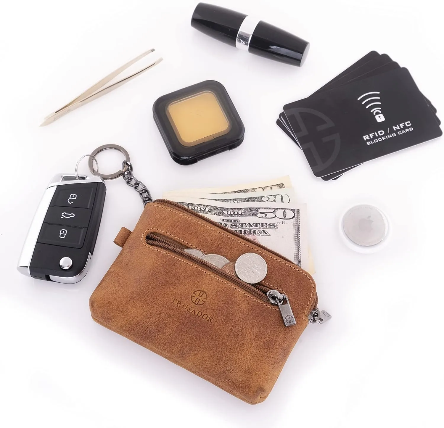Trusador Milano Women Men Leather Coin Card Key Ring Wallet Pouch Purse Zipper Change Bag (Cognac)