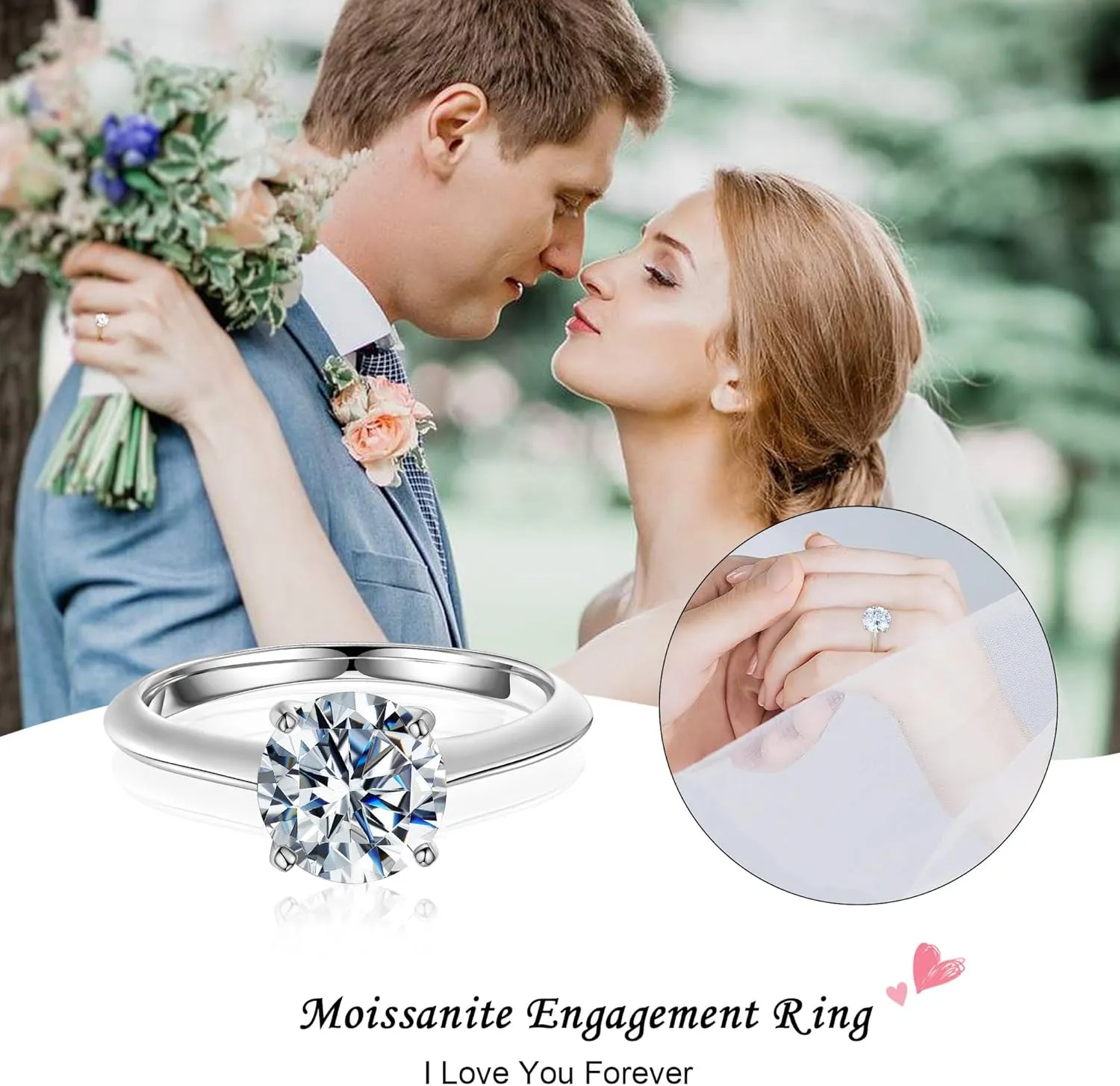 Turandoss Moissanite Rings for Women, 2-3ct Round D Color VVS1 Clarity Engagement Rings 14K White Gold Vermeil 4 Prong Knife Edge Moissanite Solitaire Rings for Women Wife Gifts