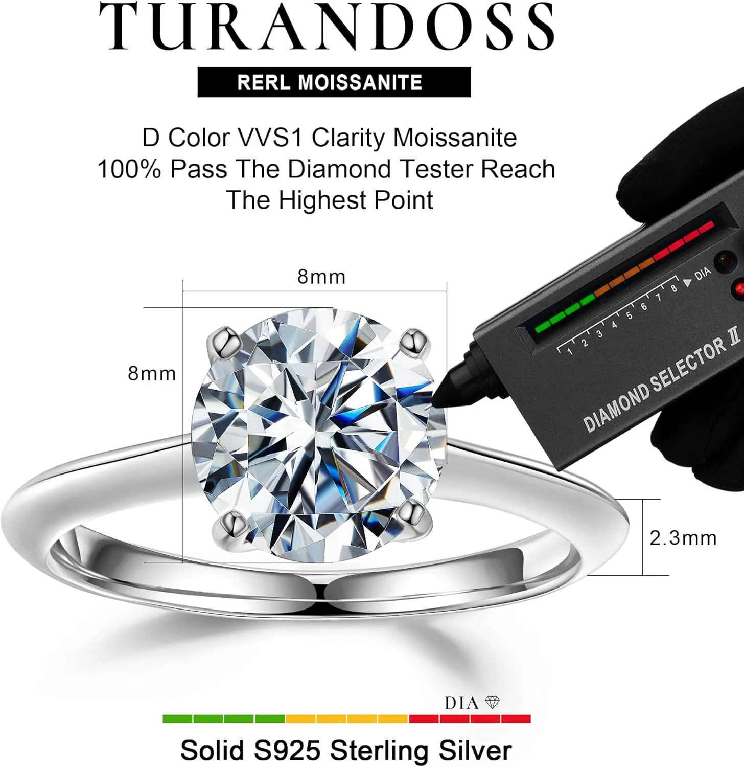 Turandoss Moissanite Rings for Women, 2-3ct Round D Color VVS1 Clarity Engagement Rings 14K White Gold Vermeil 4 Prong Knife Edge Moissanite Solitaire Rings for Women Wife Gifts