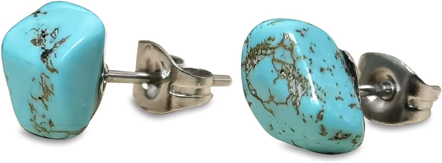 Turquoise Stud Earrings for Women, Tibetan Tiny Blue Raw Gemstone Earrings with Stainless Steel Stud, Boho Western Turquoise Jewelry Hypoallergenic Earrings for Women Sensitive Ears