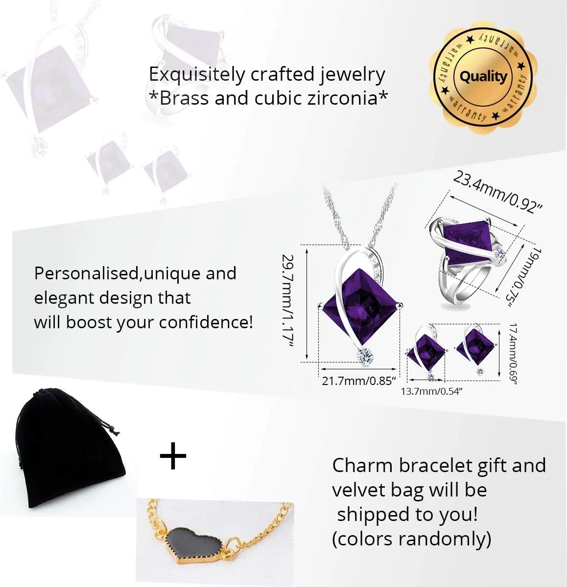 Uloveido Charm Created Topaz Big Square Crystal Necklace Matching Stud Earrings Rings Jewelry Set T295