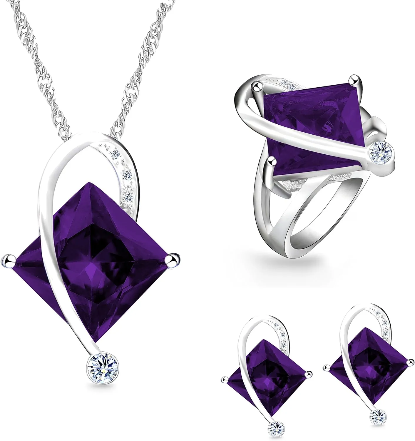 Uloveido Charm Created Topaz Big Square Crystal Necklace Matching Stud Earrings Rings Jewelry Set T295