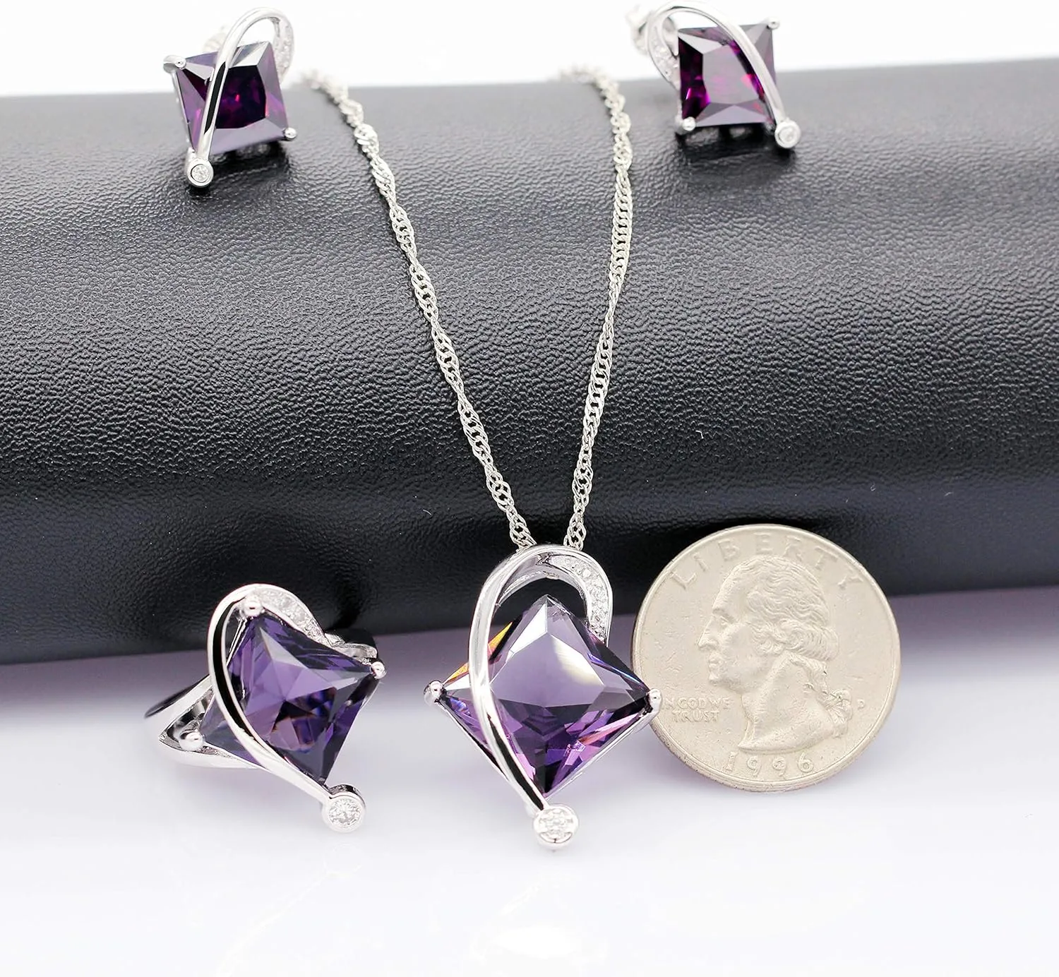 Uloveido Charm Created Topaz Big Square Crystal Necklace Matching Stud Earrings Rings Jewelry Set T295