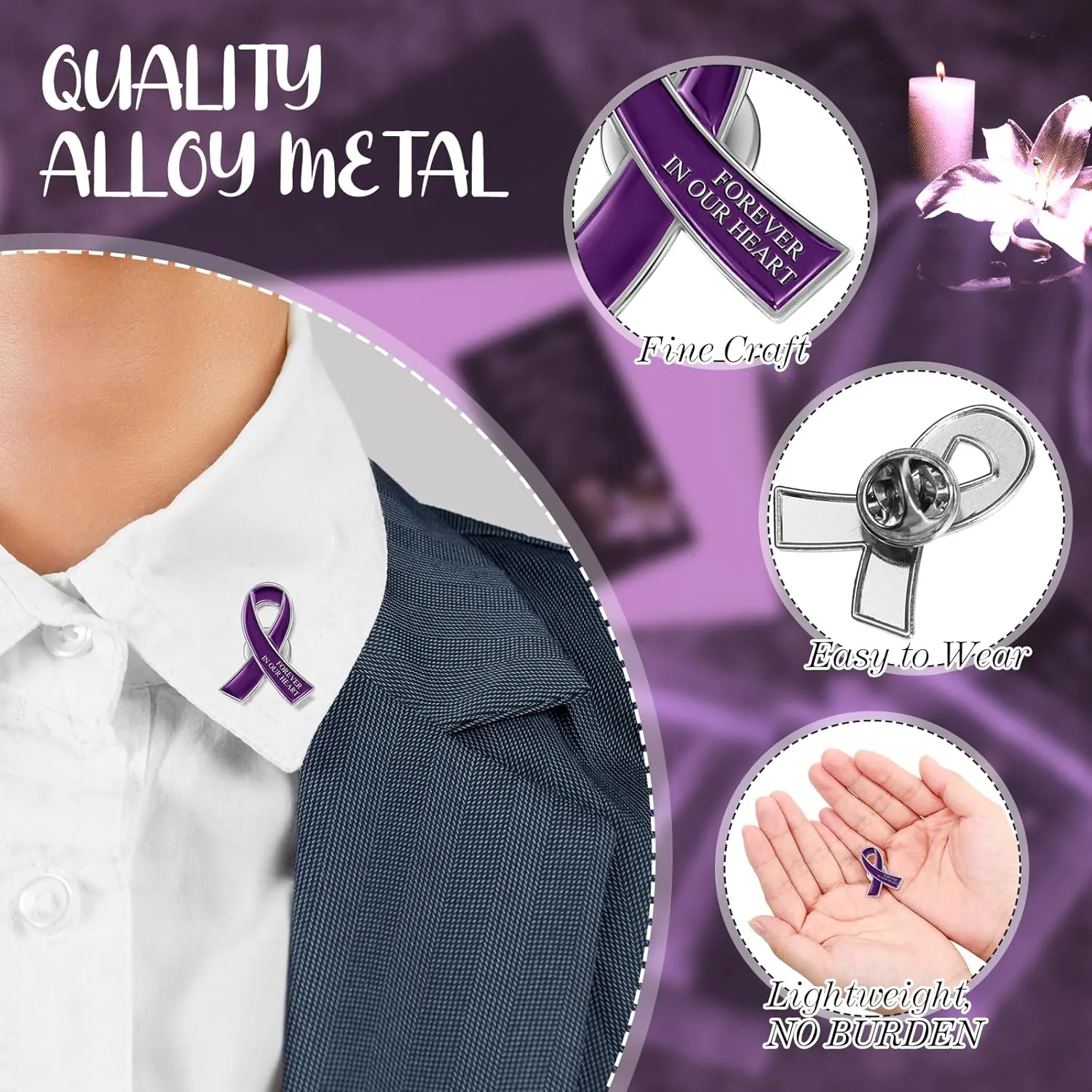 Unittype 120 Set Funeral Ribbon Pins Awareness Lapel Pin Remembrance Ribbon Brooch with Prayer Cards Organza Bags(Purple)