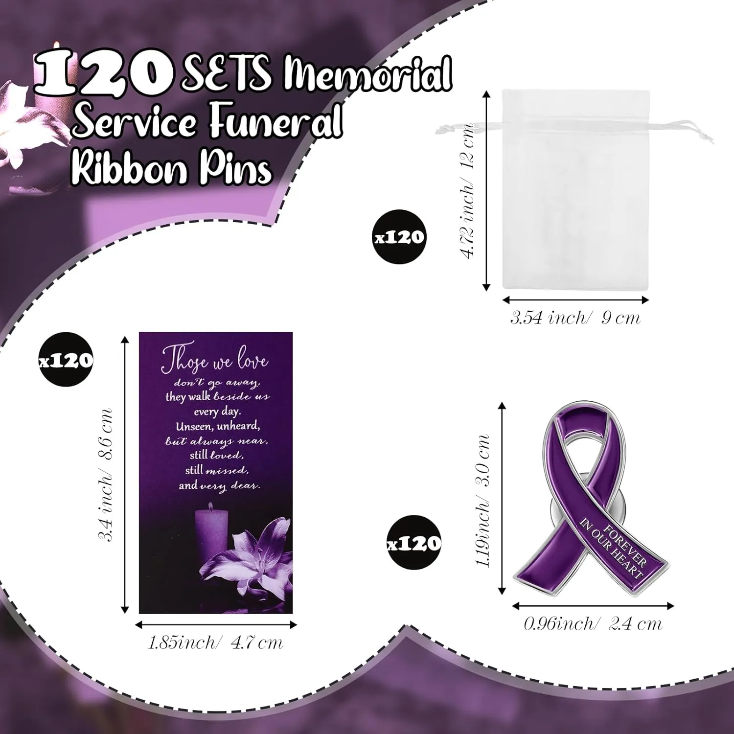 Unittype 120 Set Funeral Ribbon Pins Awareness Lapel Pin Remembrance Ribbon Brooch with Prayer Cards Organza Bags(Purple)