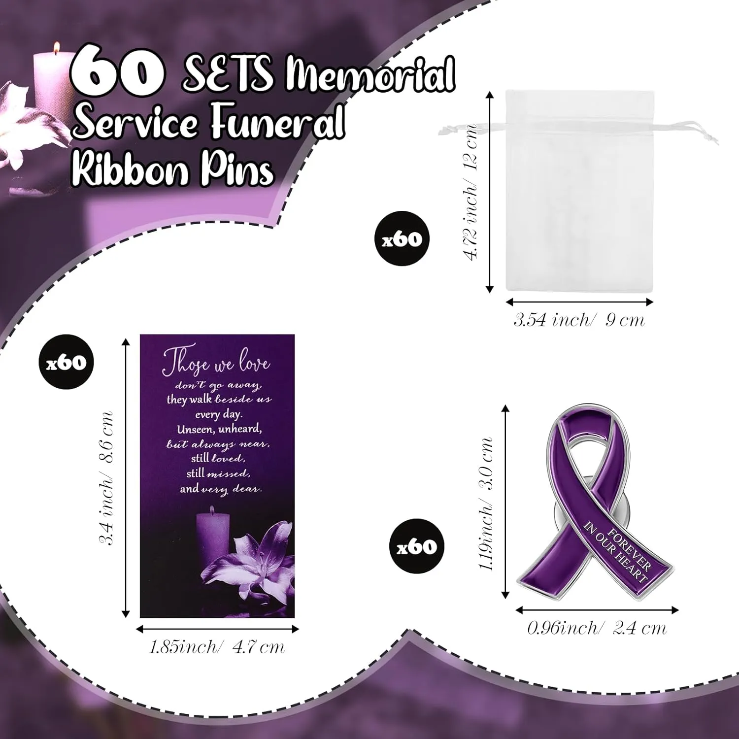 Unittype 60 Set Funeral Ribbon Pins Awareness Lapel Pin Remembrance Ribbon Brooch with Prayer Cards Organza Bags