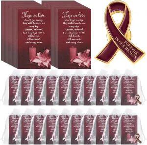 Unittype 60 Set Funeral Ribbon Pins Awareness Lapel Pin Remembrance Ribbon Brooch with Prayer Cards Organza Bags