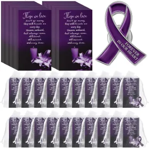 Unittype 60 Set Funeral Ribbon Pins Awareness Lapel Pin Remembrance Ribbon Brooch with Prayer Cards Organza Bags