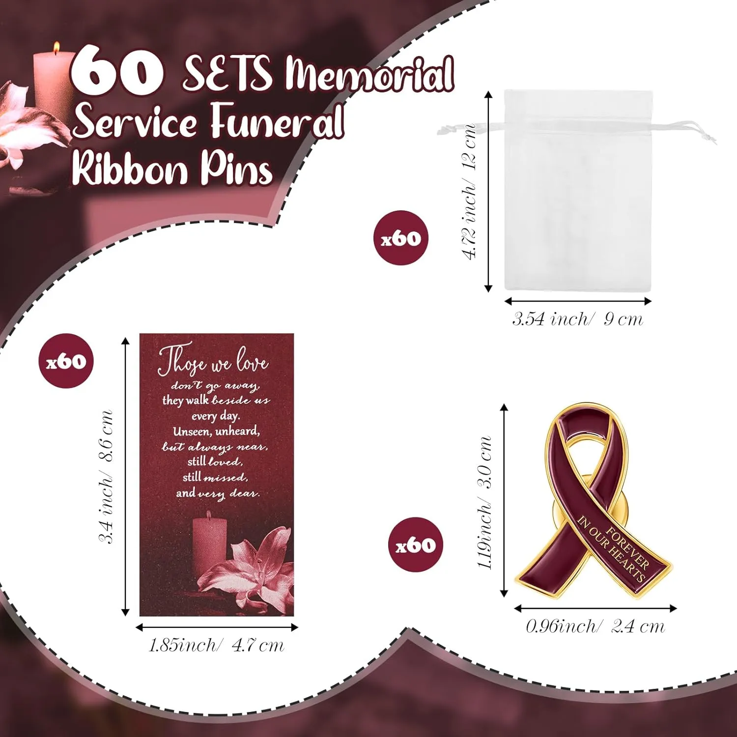 Unittype 60 Set Funeral Ribbon Pins Awareness Lapel Pin Remembrance Ribbon Brooch with Prayer Cards Organza Bags
