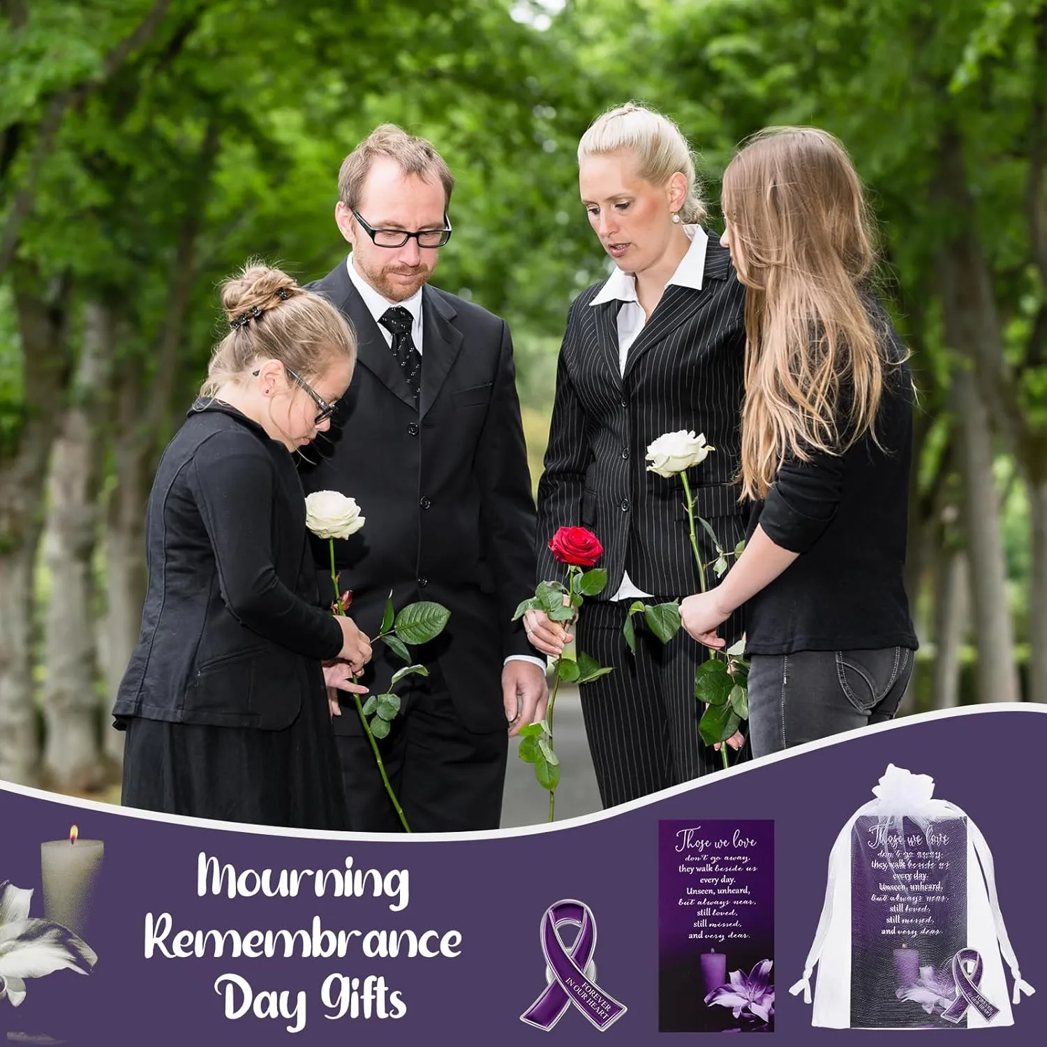 Unittype 60 Set Funeral Ribbon Pins Awareness Lapel Pin Remembrance Ribbon Brooch with Prayer Cards Organza Bags