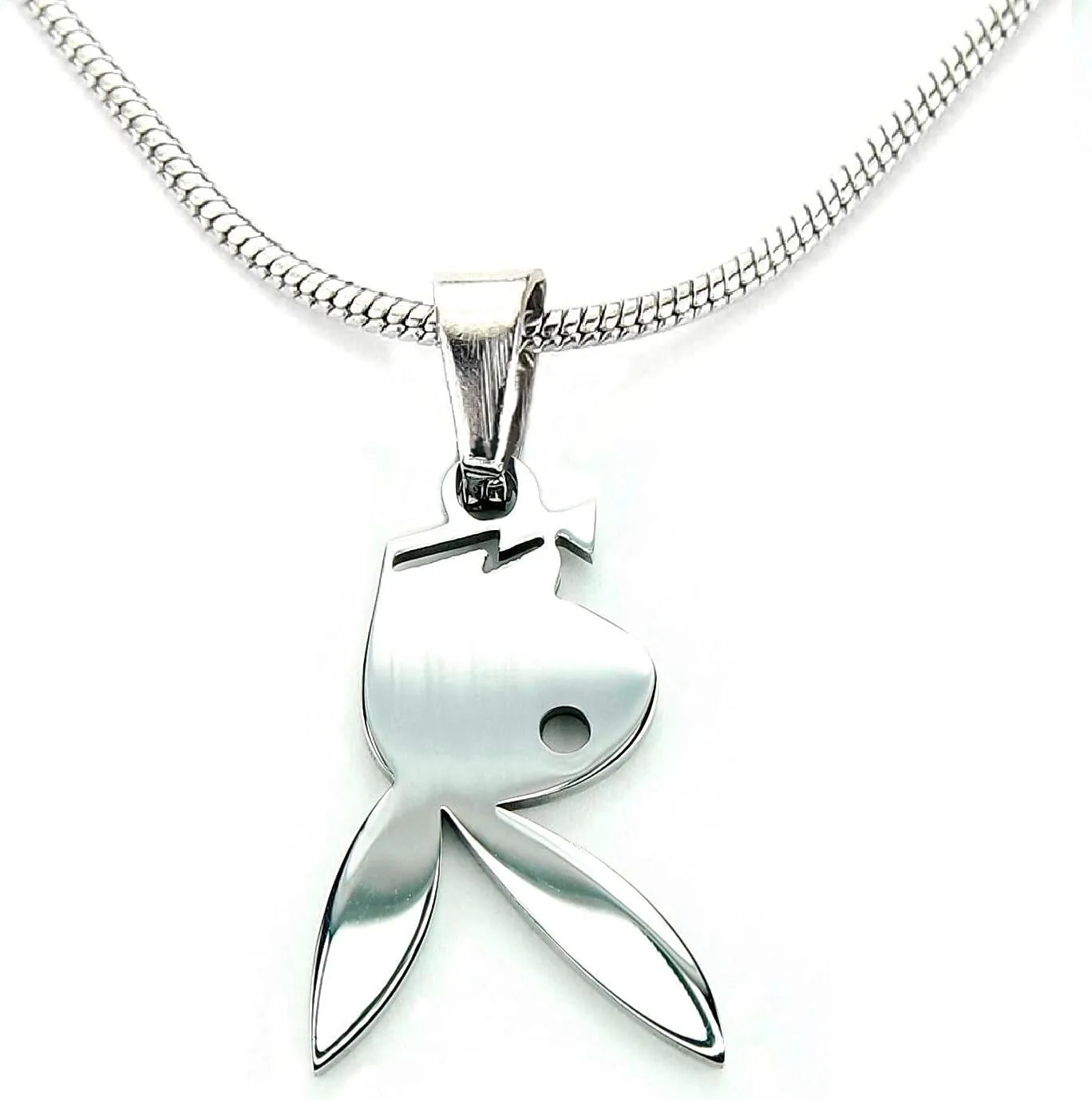 Upside Down Playboy Bunny Necklace, on 18In Snake Chain, Pure 304 Stainless Steel, Playboy Chain Rabbit Tattoo Symbol Charm Pendant Necklace