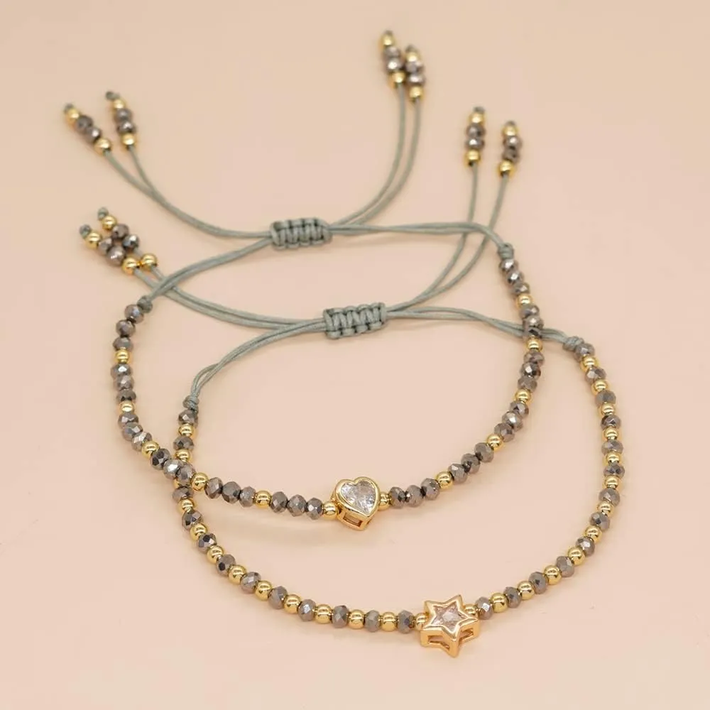 Valentines Day Handmade Boho Heart Star Friendship Beaded Strand Bracelets for Women Charm Adjustable Couples String Rope Braided Bohemia Gold Beads Bracelet Fashion Jewelry Gift