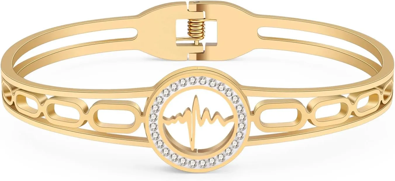 Valentine's Day Stainless Steel 18K Gold Silver Plated Crystal ECG Love Heartbeat Bracelets EKG Wave Hollow Out Cuff Bangle Jewelry For Women Charms Friendship Gifts