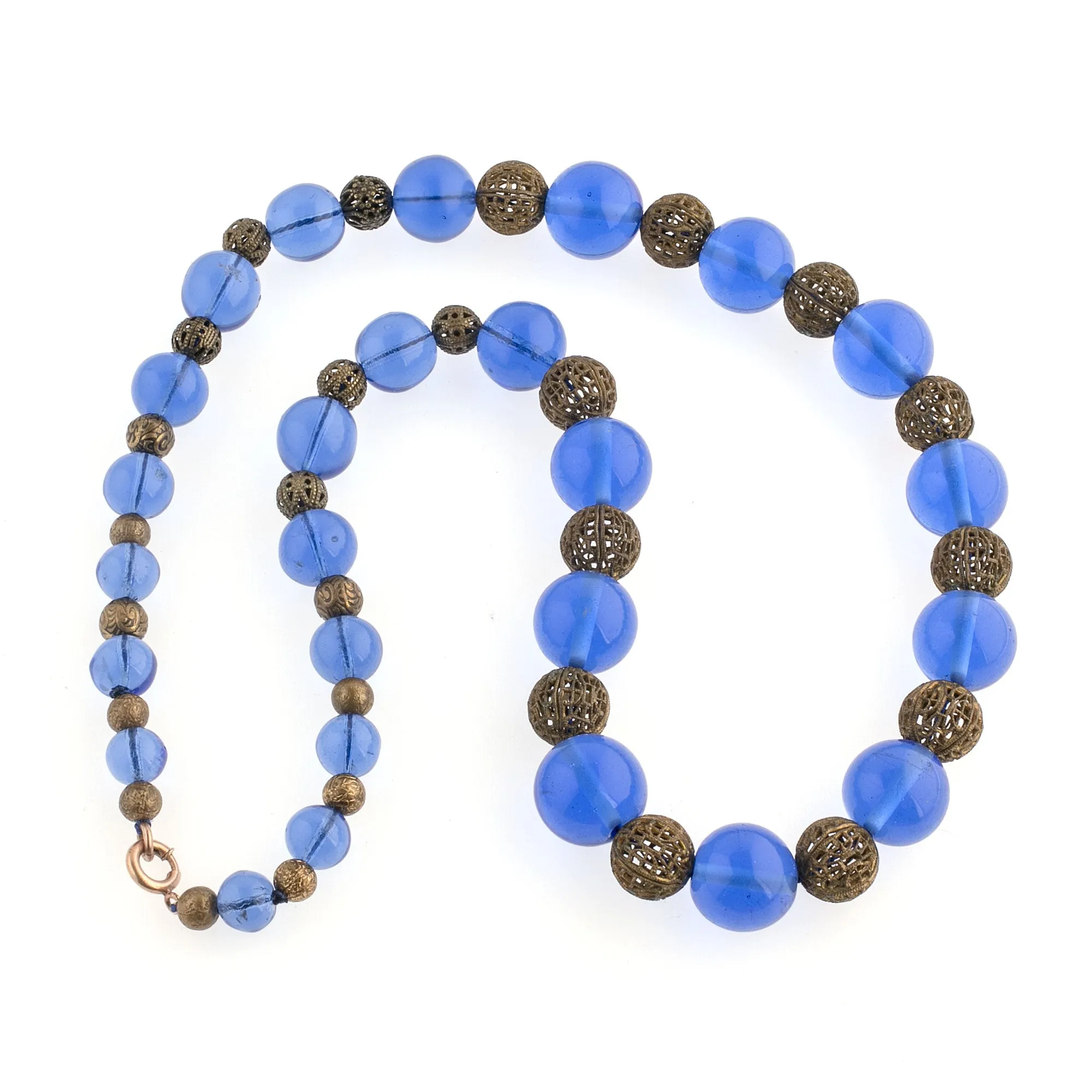 Vintage Blue Glass Necklace, translucent glass beads, brass filigree beads.  j-nlbg2161