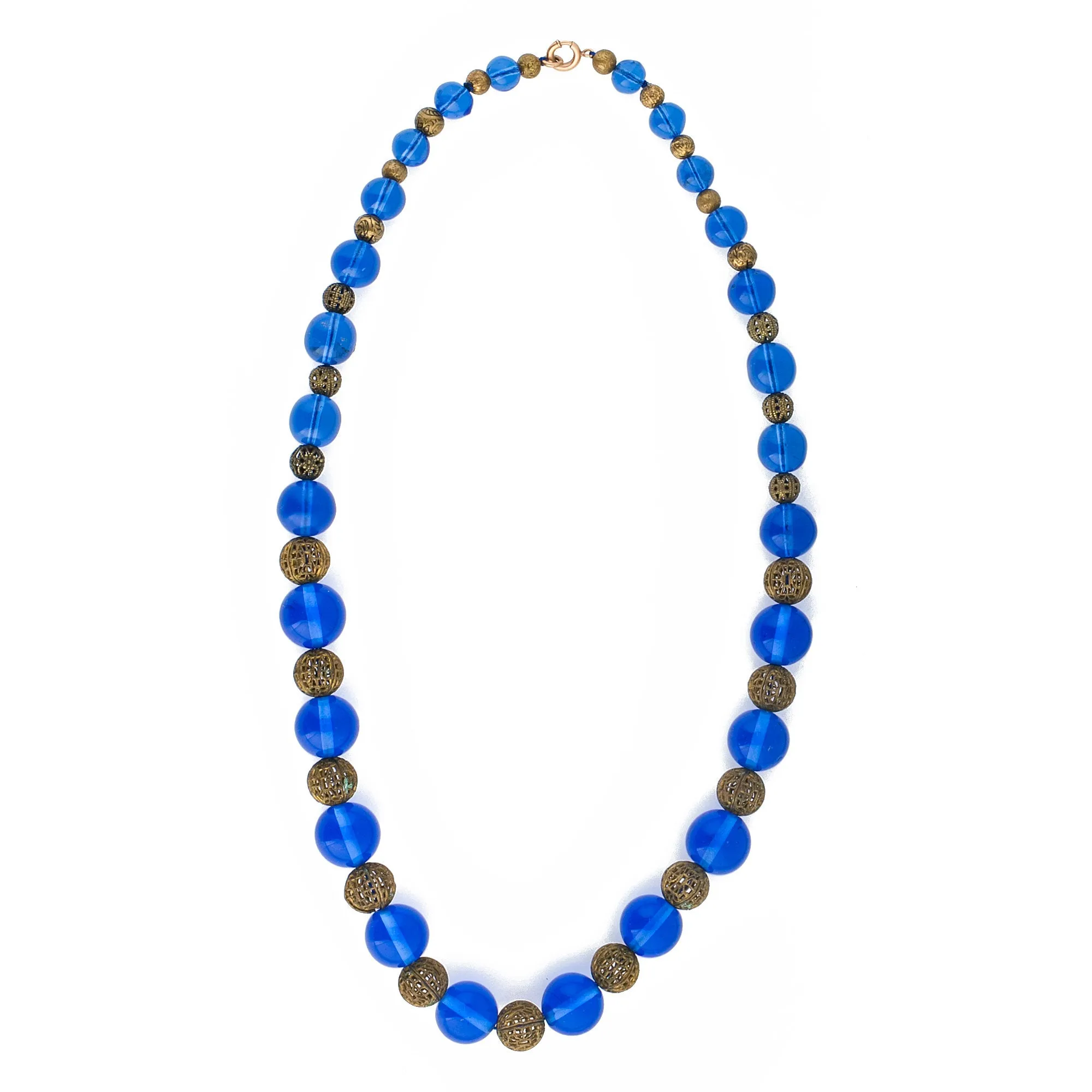 Vintage Blue Glass Necklace, translucent glass beads, brass filigree beads.  j-nlbg2161