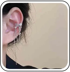 Vintage Crystal Bow Ear Cuff Earrings Long Chain Tassel Dangle Earrings Rhinestone Bow Cuff Earrings Round Snake Chain Drop Earrings Jewelry for Women