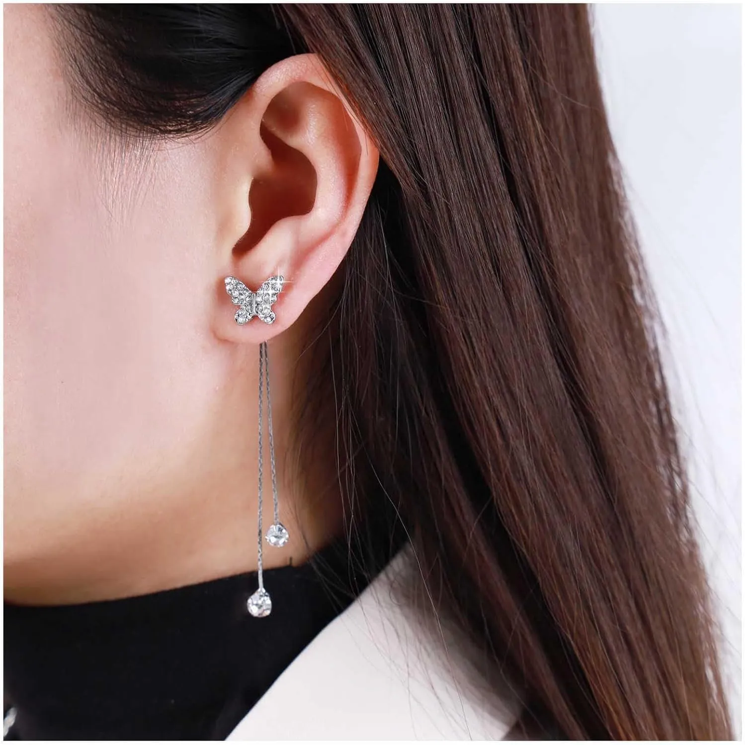 Vintage Crystal Butterfly Stud Earrings Silver Rhinestone Dangle Earrings Cz Fringe Tassel Earrings Cz Pearl Butterfly Earrings Jewelry for Women and Girls
