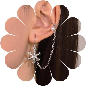 Vintage Crystal Snowflake Dangle Earrings Snowflake Chain Tassel Wrap Crawler Earrings Snowflake Ear Cartilage Earrings Gold Pearl Ear Cuff Earrings Jewelry for Women (Gold)