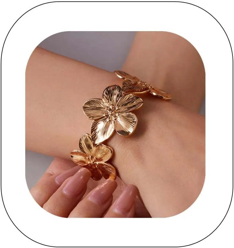 Vintage Gold Metal Butterfly Bangle Bracelet Wide Chunky Cuff Bracelet Punk Floral Design Statement Accessories Costume Party