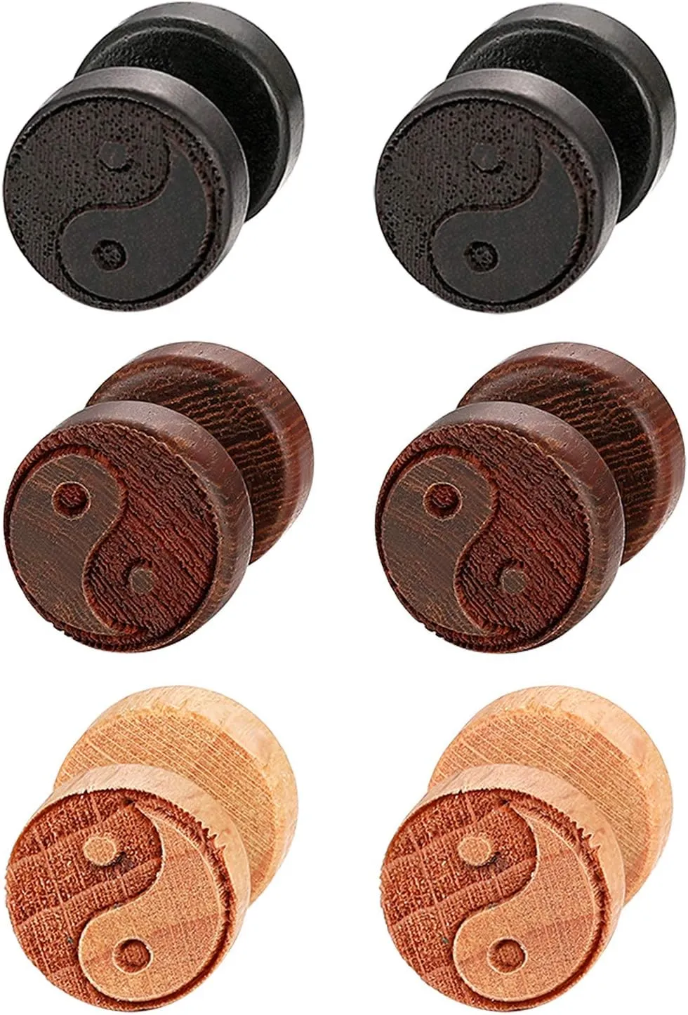 Vintage Men's 6PCS Wood Pierced Stainless Steel Yin Yang/Maple Leaves Fake Gauges Tunnel Round Screw Stud Earrings