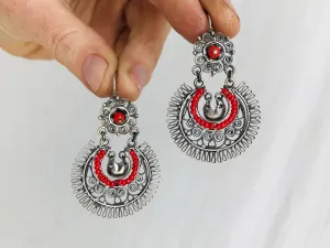 Vintage Oaxacan Filigree & Coral Earrings Hoops. Sterling Silver. Mexico. Frida Kahlo