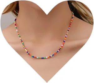 Vintage Seed Bead Chain Necklace Rainbow Seed Bead Necklace Multicolored Choker Necklace Rice Beaded Choker Necklace for Women