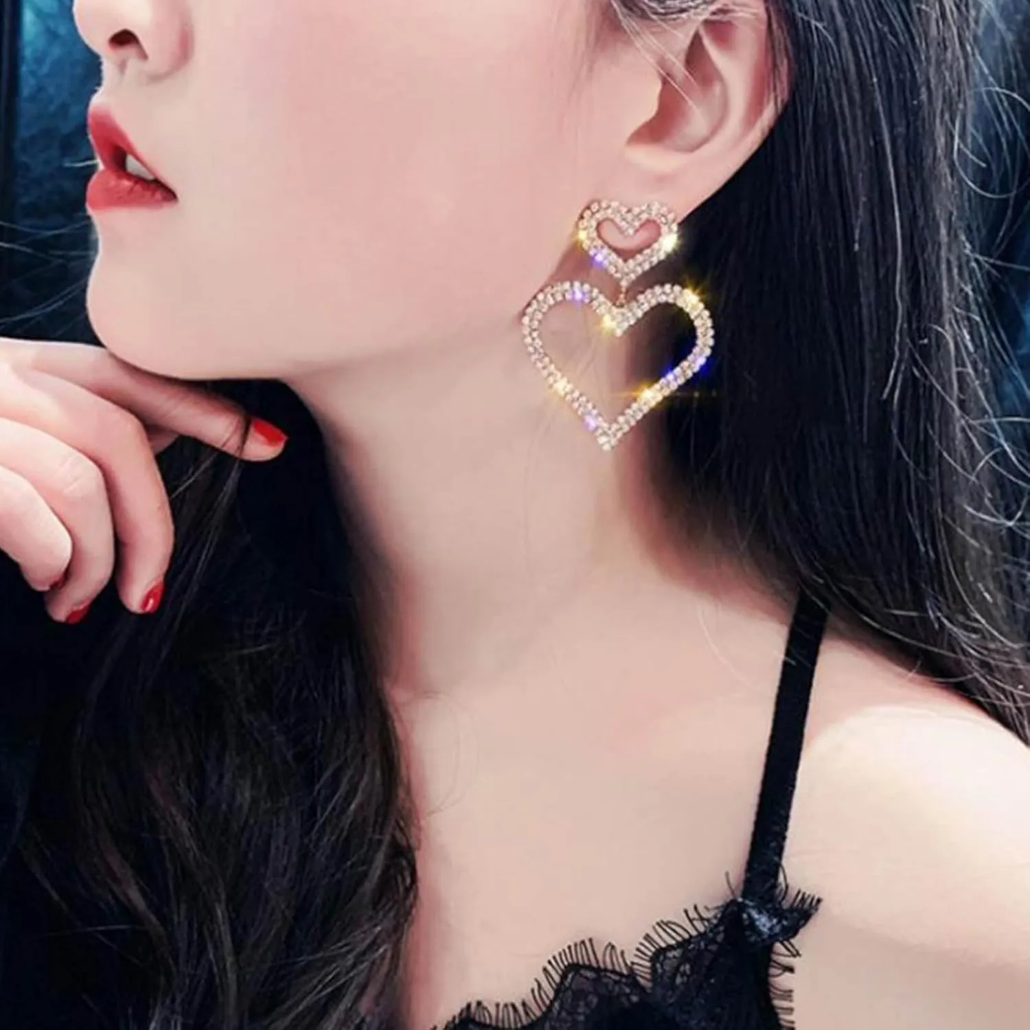 W WEILIRIAN Boho Large Crystal Heart Earrings for Women Rhinestone Heart Dangle Earrings Big Hollow Heart Drop Earrings Gold Cz Heart Earrings Statement Heart Earrings Jewelry for Girls (Gold)