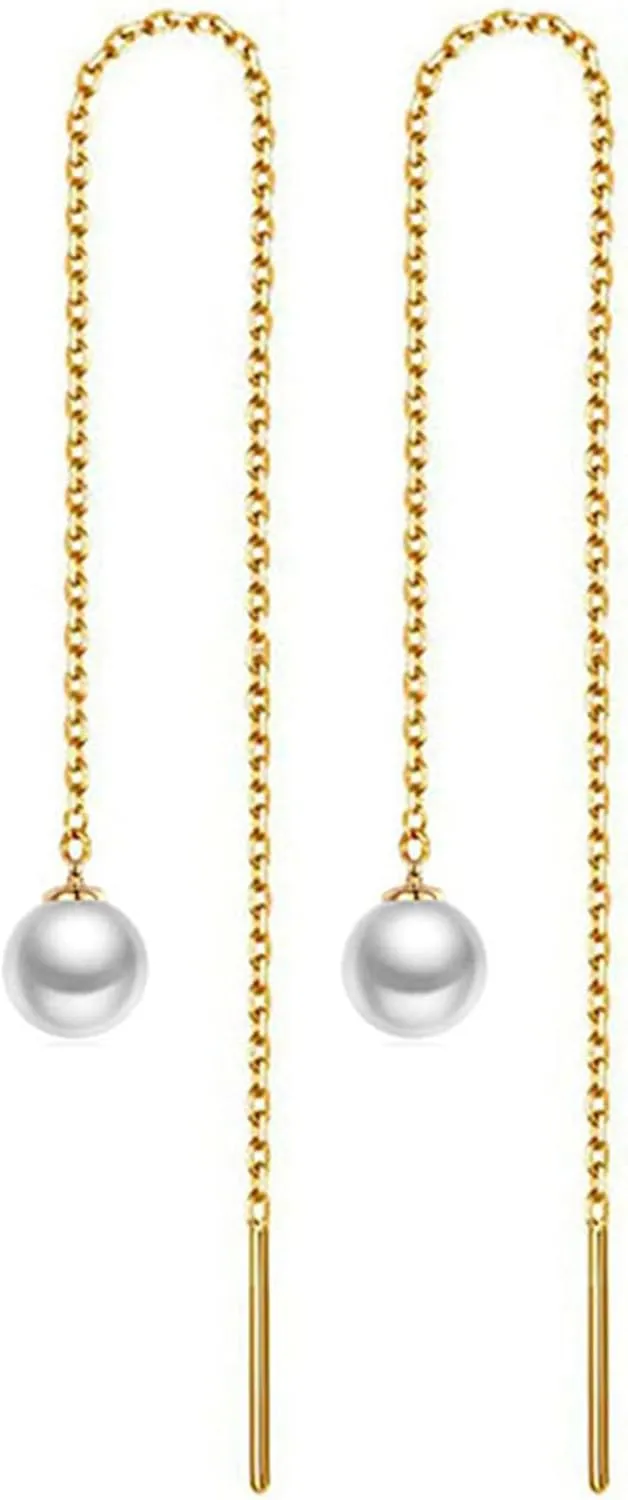 WangGao Stainless Steel Cute Imitation Pearl Dangle Earrings Long Chain Tassel Earrings Charms Threader Earrings Woman's Jewelry,Gold